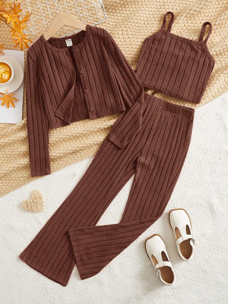 SHEIN Tween Girl Solid Cami Top & Flare Leg Pants & Button Front Tee - Coffee Brown - View 1