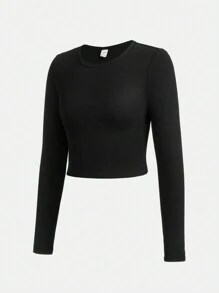 SHEIN Girlism Thiếu niên Cô gái Dệt kim Màu thuần Sọc Vòng cổ Tay áo dài Áo thun - màu đen - Xem 3