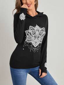 SHEIN Unity In hoa áo có mũ Áo thun - màu đen - Xem 4