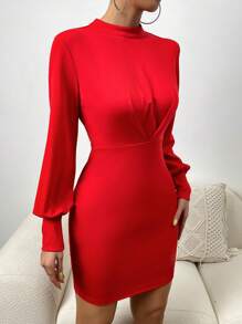 Chiquease Cut Out Backless Lantern Sleeve Bodycon Dress - Red - View 3