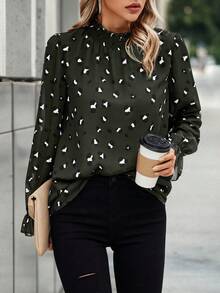 SHEIN Clasi Allover Print Flounce Sleeve Frill Neck Blouse - Army Green - View 5