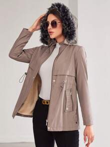 SHEIN Cottnline Drawstring Waist Fuzzy Trim Hooded Parka Coat - Mocha Brown - View 3