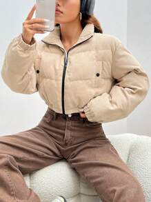 SHEIN EZwear Áo khoác đệm ngắn có khóa kéo cho mùa đông - Màu Khaki - Xem 3