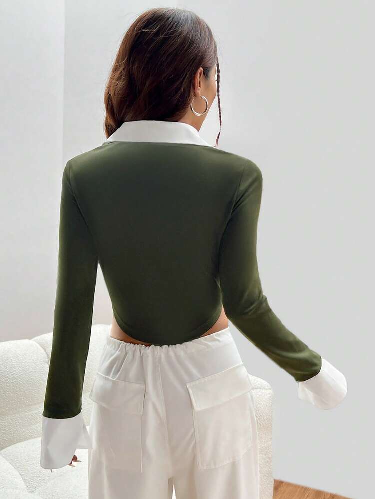 Contrast Trim Ruched Button Front Crop Shirt