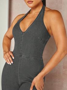 SHEIN BAE Open Back Flare Leg Halter Neck Denim Jumpsuit - Grey - View 6