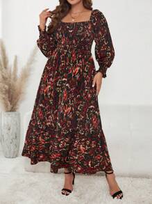 SHEIN Clasi Plus Allover Print Square Neck Ruffle Hem Dress