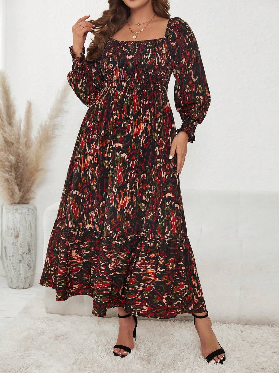 SHEIN Clasi Plus Allover Print Square Neck Ruffle Hem Dress