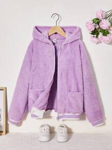 SHEIN Cô gái Tween Dây kéo áo có mũ Áo Teddy Jackets - Màu tím - Xem 1