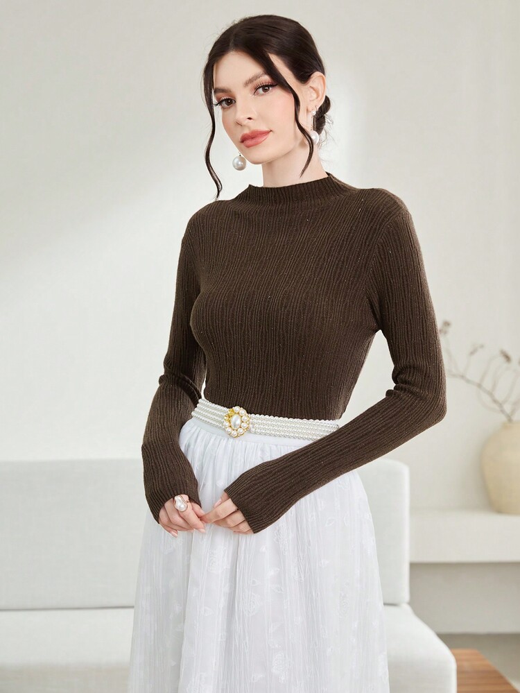 Modelyn 纯色高领针织套头衫秋冬毛衣 - 咖啡棕 - 查看 4