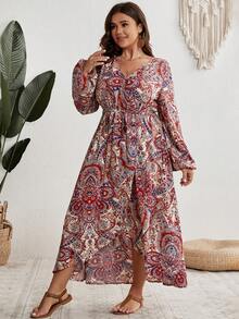 SHEIN VCAY 大碼佩斯利印花燈籠袖繫腰帶洋裝 - 彩色 - 查看 4