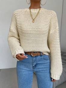 Chiquease Solid Drop Shoulder Knit Pullover Fall Winter Sweater - Apricot - View 6