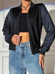 Chiquease Contrast Sleeve Zip Up Bomber Jacket - Black - View 3