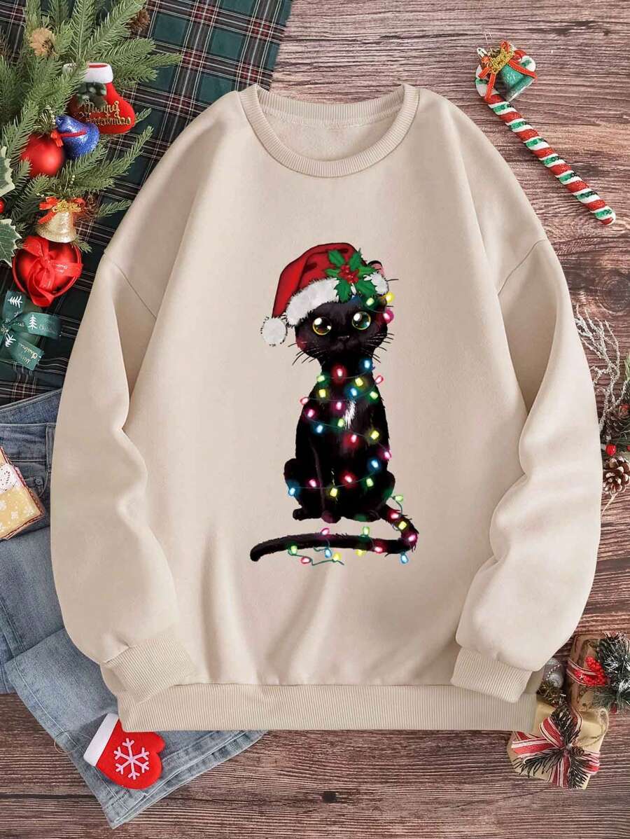 SHEIN EZwear 圣诞猫图案保暖内衬套头卫衣 秋季卫衣 - 杏色 - 查看 1