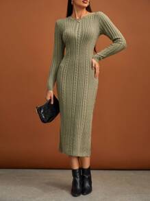 SHEIN Tall Solid Cable Knit Bodycon Sweater Dress - Army Green - View 1
