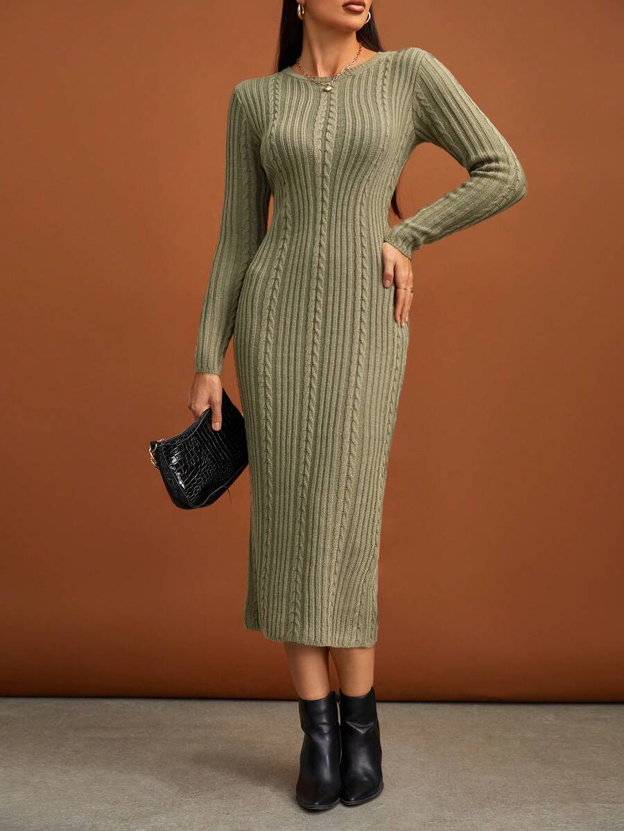 SHEIN Tall Solid Cable Knit Bodycon Sweater Dress - Army Green - View 1