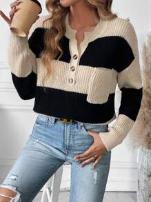 Chiquease Áo len chui đầu phối màu, cài cúc phía trước, vai rớt, có túi, kiểu dáng thu đông. - Nhiều màu - Xem 5