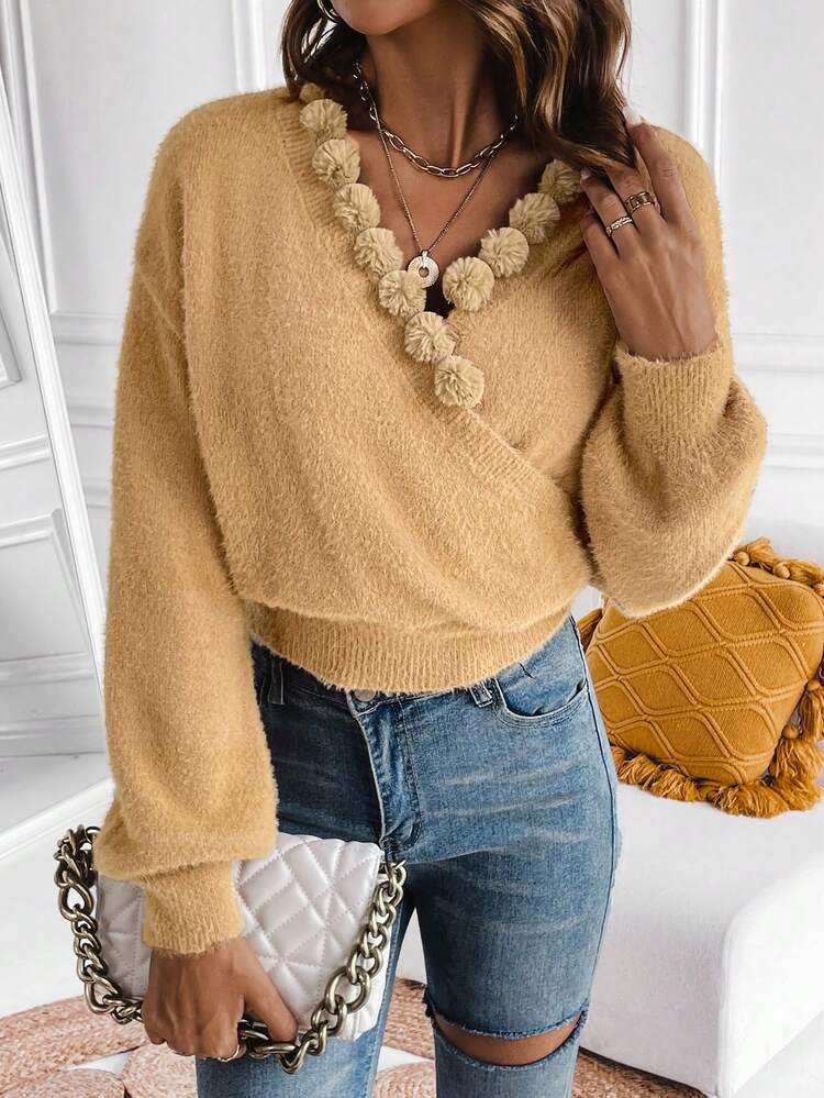 Pom Pom Detail Drop Shoulder Crop Wrap Knit Pullover Fall Winter Sweater