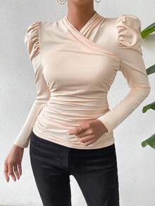 SHEIN Privé 素色泡泡袖側收褶T恤 - 杏色 - 查看 4