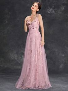 Sequin Star Detail Mesh Formal Dress - Pink - View 3