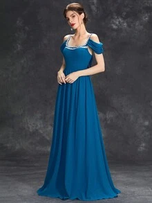 Vestido Largo De Gasa Con Cinta Decorativa De Lentejuelas De Doble Lado En El Escote Y Brazos Con Mangas Con Plisado Y Cinturilla De A-line - Agua verde azul - Ver 5