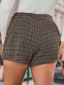 Flirla Plus Plaid Pattern Button Front Tweed Skort - Coffee Brown - View 2