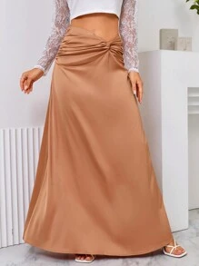 SHEIN Privé Twist Front Satin Maxi Skirt - Khaki - View 1