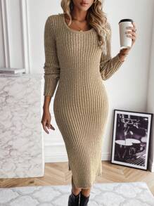 SHEIN Clasi Split Thigh Ribbed Knit Sweater Dress - Multicolor - View 5