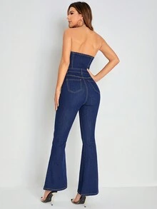 SHEIN Essnce Flare Leg Denim Tube Jumpsuit - Dark Wash - View 2