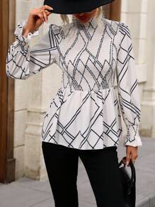 SHEIN Clasi Geo Print Flounce Sleeve Peplum Blouse - Multicolor - View 6