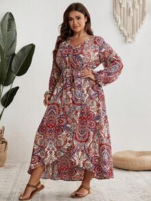 SHEIN VCAY 大碼佩斯利印花燈籠袖繫腰帶洋裝 - 彩色 - 查看 5