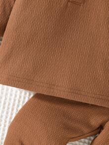 Baby Girl Waffle Knit Quarter Button Tee & Sweatpants - Brown - View 4