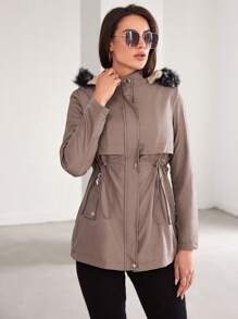 SHEIN Cottnline Drawstring Waist Fuzzy Trim Hooded Parka Coat - Mocha Brown - View 6