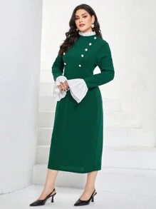 Modelyn Plus Contrast Ruffle Trim Flounce Sleeve Button Detail Dress - Green - View 3