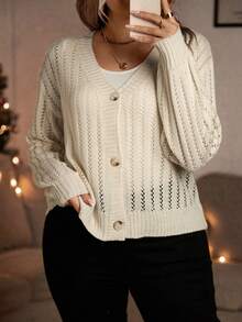 Calvaya Hơn Dệt kim chấm bi Thả vai Áo len Mở - Màu be - Xem 5