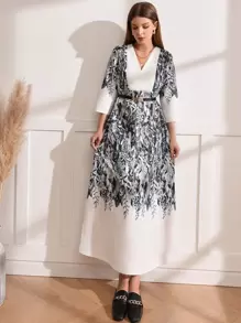 Al Najma Women's Printed V-neck Long Sleeve Dress - Black and White - View 7