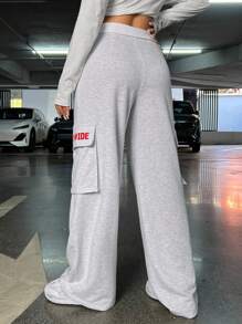 Muchica Letter Graphic Flap Pocket Side Drawstring Waist Sweatpants - Grey - View 6