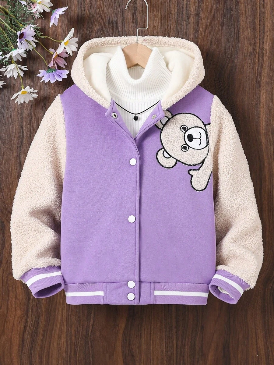 SHEIN Chica preadolescente Cazadora con bordado de oso ribete de rayas