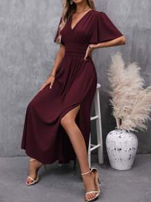 EMERY ROSE Butterfly Sleeve Ruched Waist Split Thigh Dress Maxi Women Outfit - Red Violet - View 6