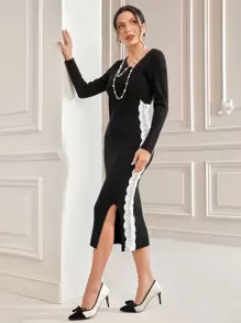 Modelyn Contrast Lace Split Hem Bodycon Sweater Dress Fall Cloth For Women - Black - View 3