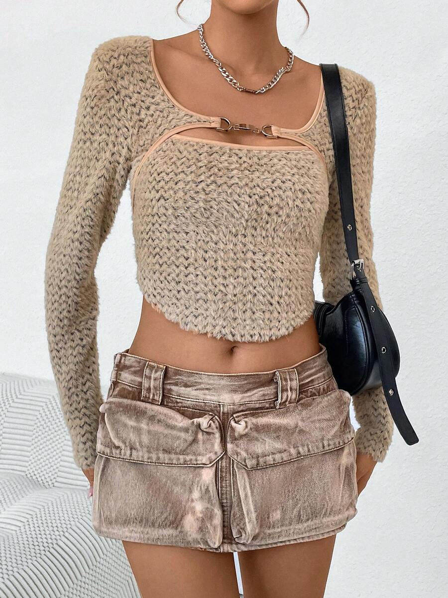 SHEIN ICON Cắt ra phía trước Áo phông Crop - Màu Khaki - Xem 1