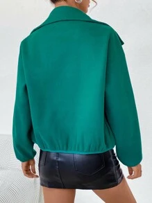 SHEIN Essnce 拉鏈開襟落肩袖花呢外套 - 綠色 - 查看 2