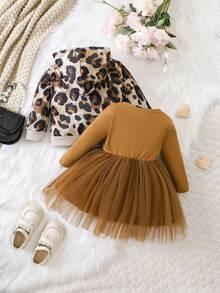 女嬰豹紋印花連帽夾克&網紗覆蓋洋裝 - 杏色 - 查看 2