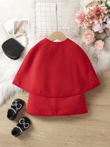 Baby Girl Solid Cape Coat & Button Front Dress - Red - View 2