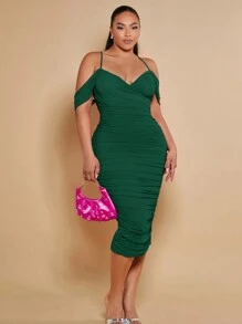 SHEIN BAE Plus Cold Shoulder Ruched Bodycon Dress,Birthday Dresses For Women