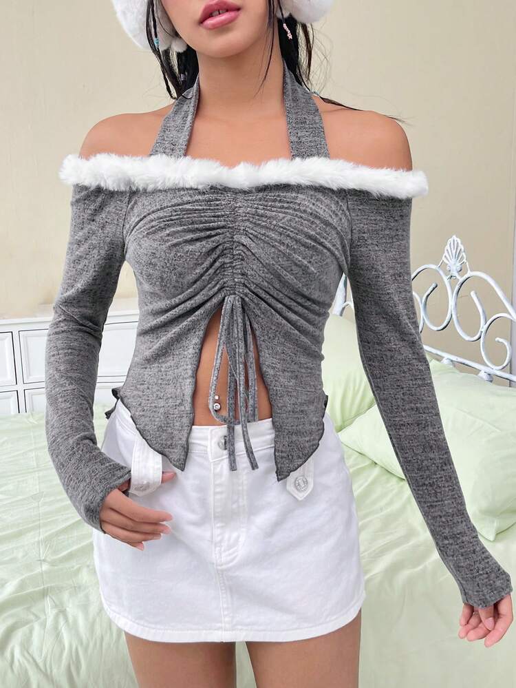 Fuzzy Trim Drawstring Split Hem Halter Tee