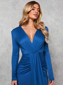 SHEIN BAE Twist Front Plunging Neck Ruched Wrap Hem Bodycon Dress - Blue - View 4