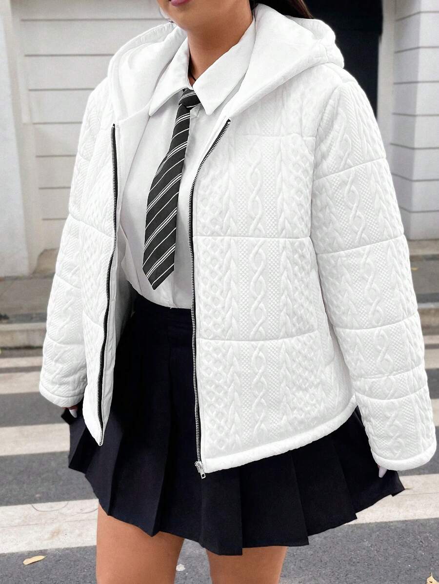 Flirla Plus Drop Shoulder Zipper Hooded Padded Padded Coat Clothes Winter - White - View 1