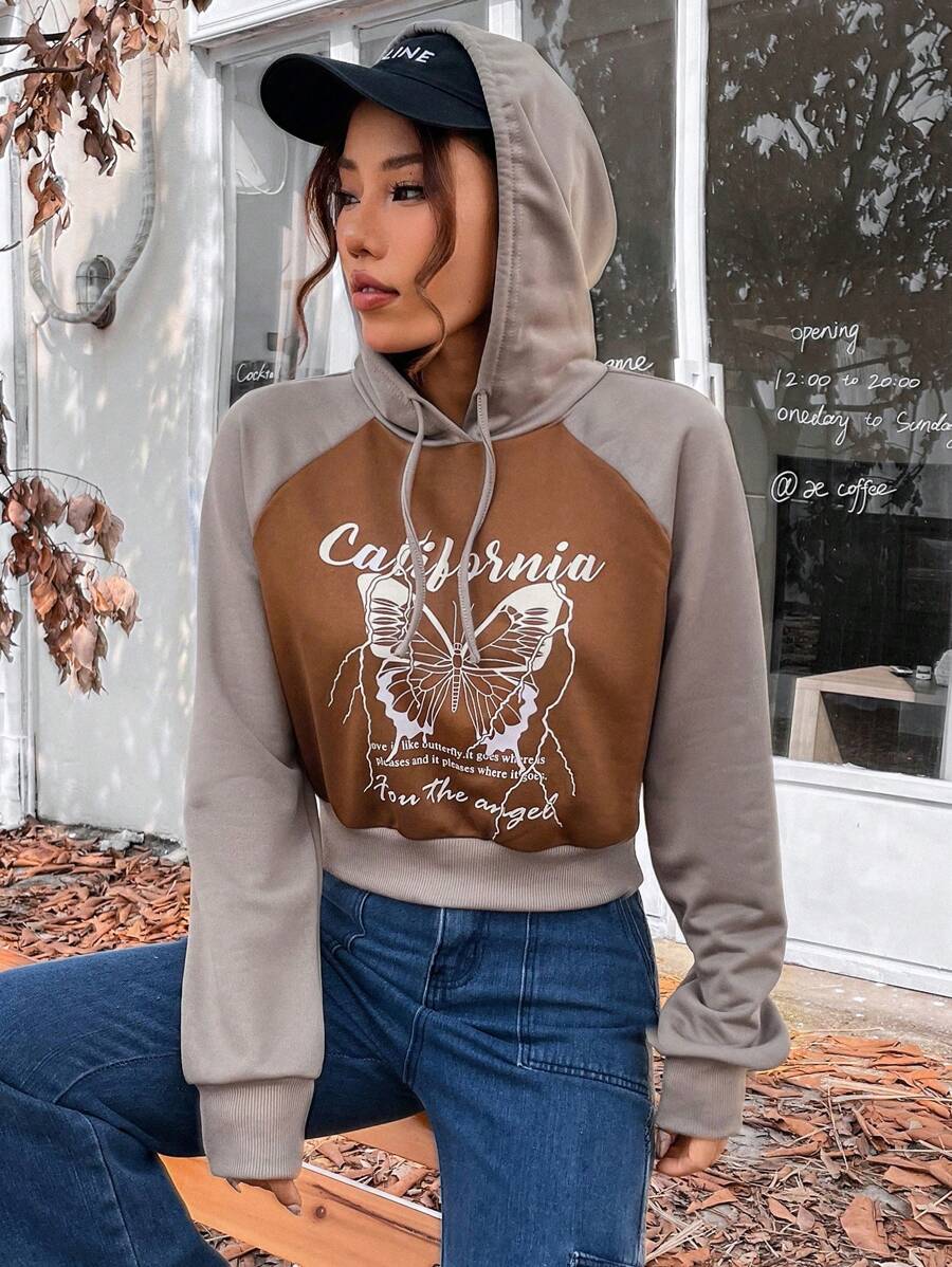 SHEIN Unity Hình ảnh con bướm và khẩu hiệu Tay Raglan Dây rút Hoodie - Nhiều màu - Xem 1