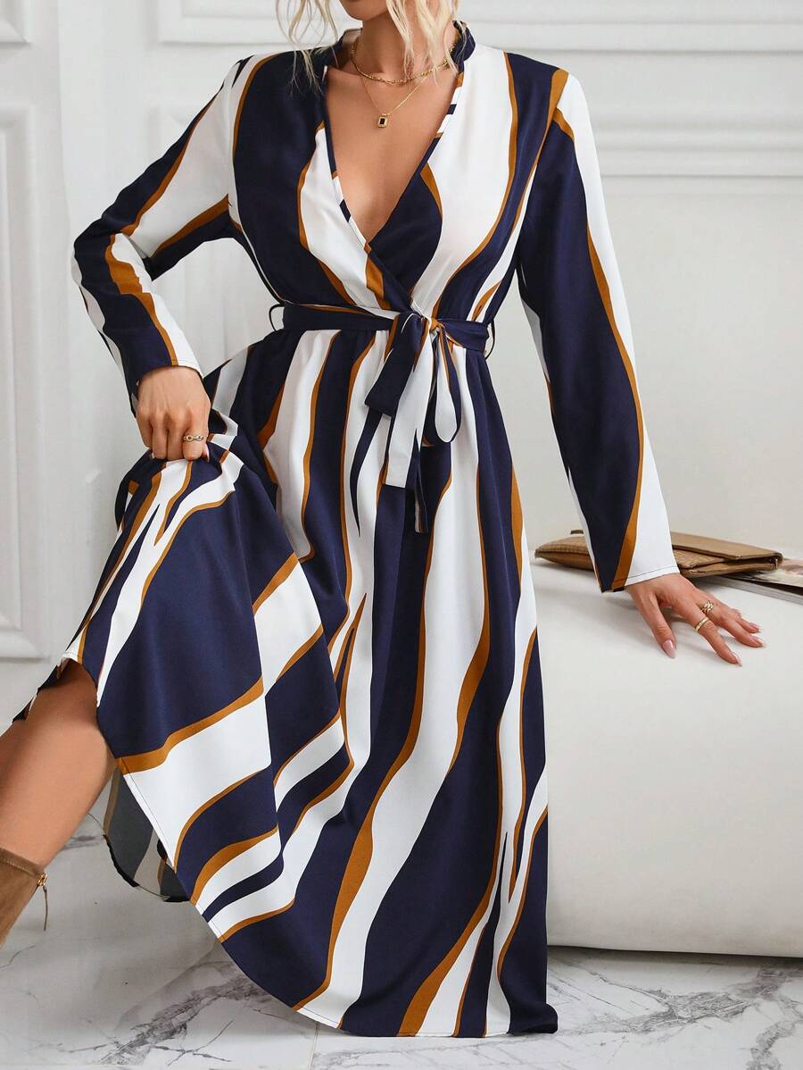 SHEIN Clasi Colorblock Belted A-Line Dress - Multicolor - View 1