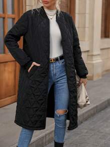 SHEIN Essnce 斜口袋绗缝夹棉大衣冬季 - 黑色 - 查看 1